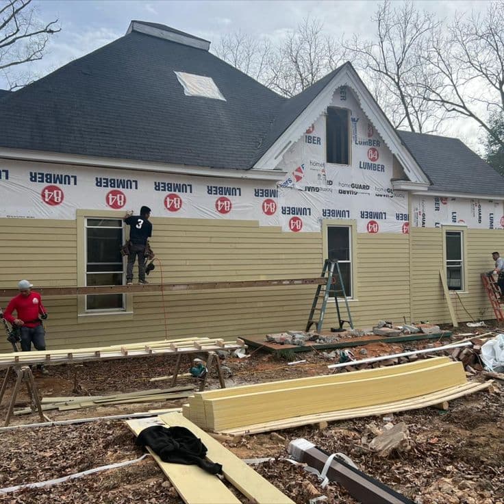 Crew installing lap siding over house wrap on a single-storey house in Warminster