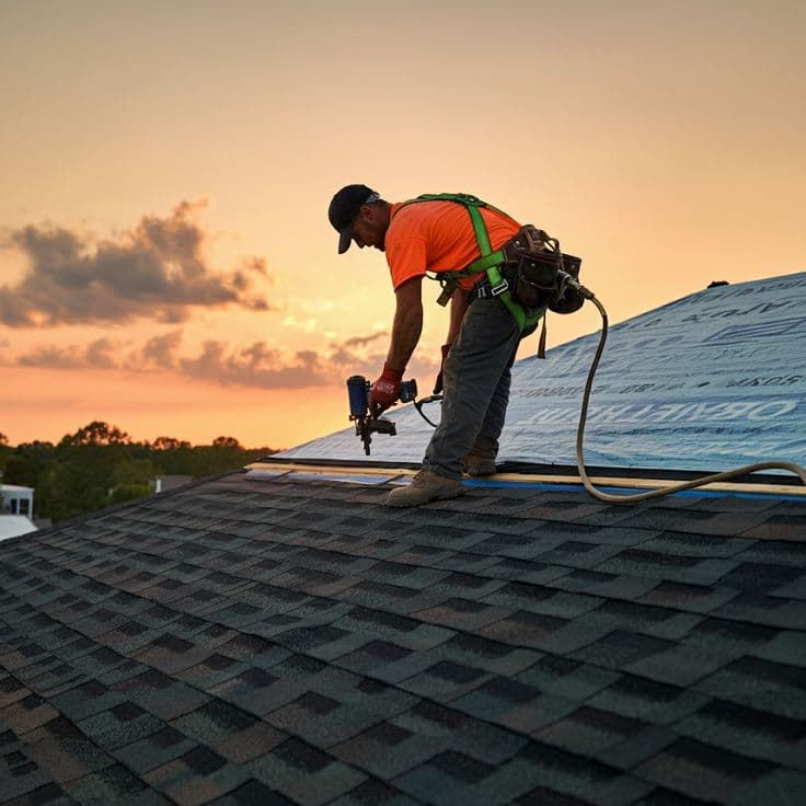 Roofer nailing shingles over synthetic underlayment at sunset in Levittown