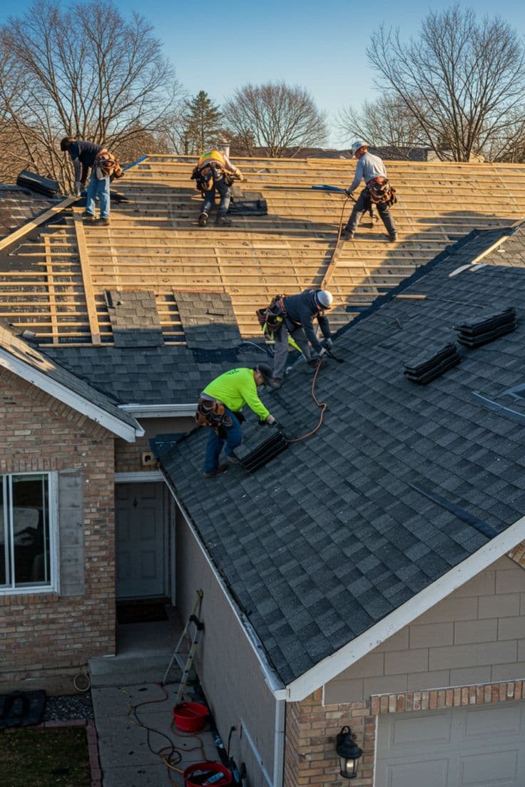 Crew stripping an asphalt roof back to the bare decking in Bensalem